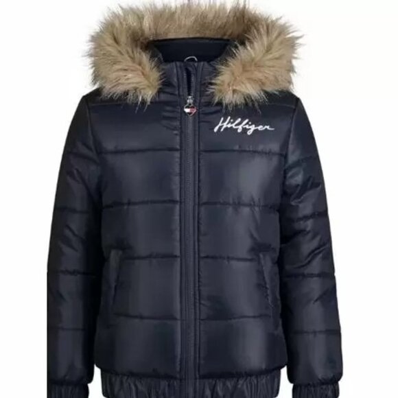 TOMMY HILFIGER Girls Hooded Bomber Quilted Jacket in Navy Size 3T NWT